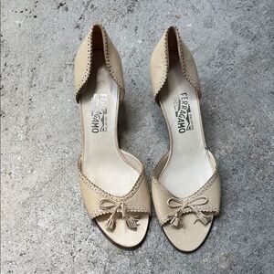 Salvatore Ferragamo Beige Open-Toe Tassel Heels